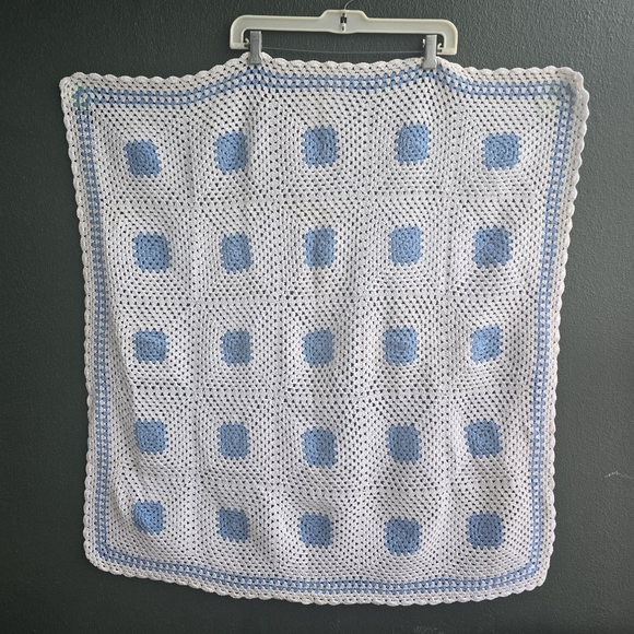 Handmade Blue and White Crochet Nighstand Cover 34" X 35" Grannysquare - Picture 2 of 10